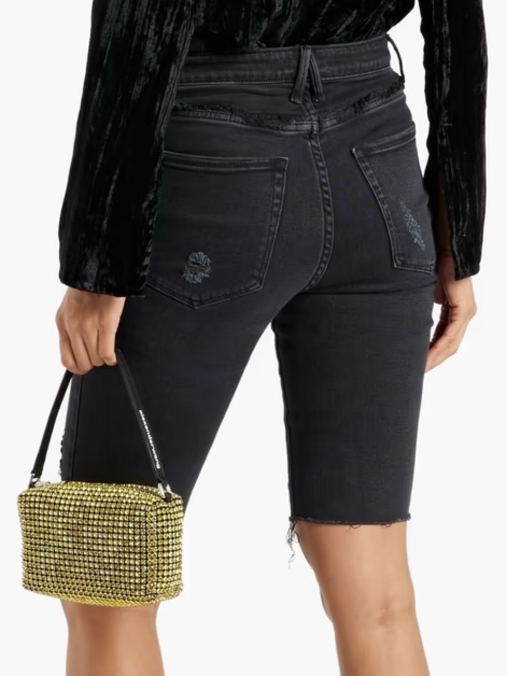 GOOD AMERICAN Good Bermuda Raw Hem Distressed Denim Shorts Black088 24 NEW NWT - Picture 2 of 13